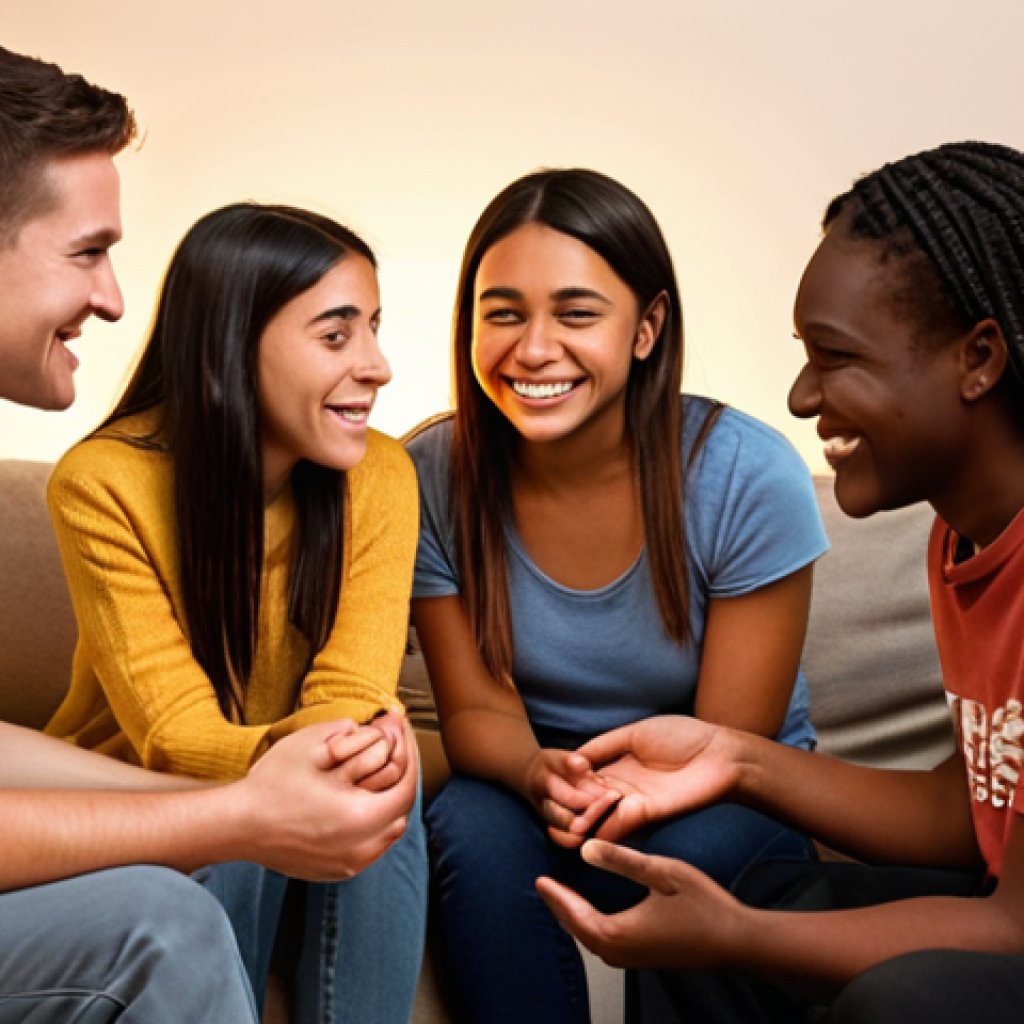 "A diverse group of youth counselors, male and female, of various ages, gathered in a warm, inviting setting. They are engaged in heartfelt conversations, some offering empathetic comfort, others sharing a knowing smile. Subtle glowing lines connect them, symbolizing an online community and shared emotional support. The atmosphere is one of strong camaraderie, mutual encouragement, and professional belonging, emphasizing the emotional bonds within their field. Soft, warm lighting, slightly diffused background."