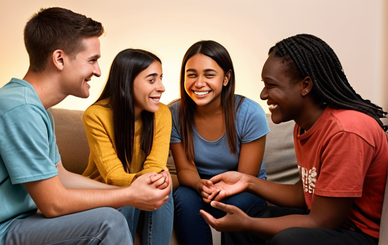 "A diverse group of youth counselors, male and female, of various ages, gathered in a warm, inviting setting. They are engaged in heartfelt conversations, some offering empathetic comfort, others sharing a knowing smile. Subtle glowing lines connect them, symbolizing an online community and shared emotional support. The atmosphere is one of strong camaraderie, mutual encouragement, and professional belonging, emphasizing the emotional bonds within their field. Soft, warm lighting, slightly diffused background."