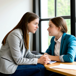 A professional female youth counselor, fully clothed in a modest business blazer and a collared shirt, sits attentively across from a teenage girl. The teen, dressed in appropriate, modern casual attire like a sweater and jeans, is sharing her thoughts in a bright, contemporary counseling office with soft, natural light filtering through a large window. The atmosphere is calm and supportive, promoting open communication. Emphasis on a natural pose, perfect anatomy, well-formed hands, and correct proportions. Professional photography, high detail, high quality, safe for work, appropriate content, family-friendly.