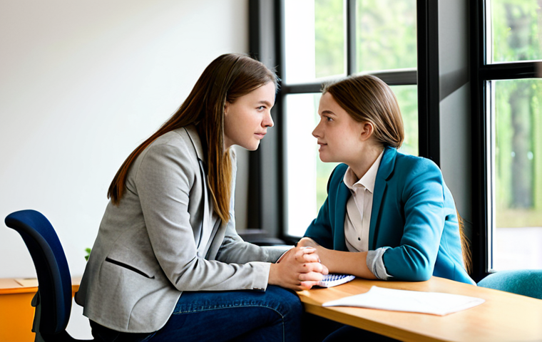 A professional female youth counselor, fully clothed in a modest business blazer and a collared shirt, sits attentively across from a teenage girl. The teen, dressed in appropriate, modern casual attire like a sweater and jeans, is sharing her thoughts in a bright, contemporary counseling office with soft, natural light filtering through a large window. The atmosphere is calm and supportive, promoting open communication. Emphasis on a natural pose, perfect anatomy, well-formed hands, and correct proportions. Professional photography, high detail, high quality, safe for work, appropriate content, family-friendly.