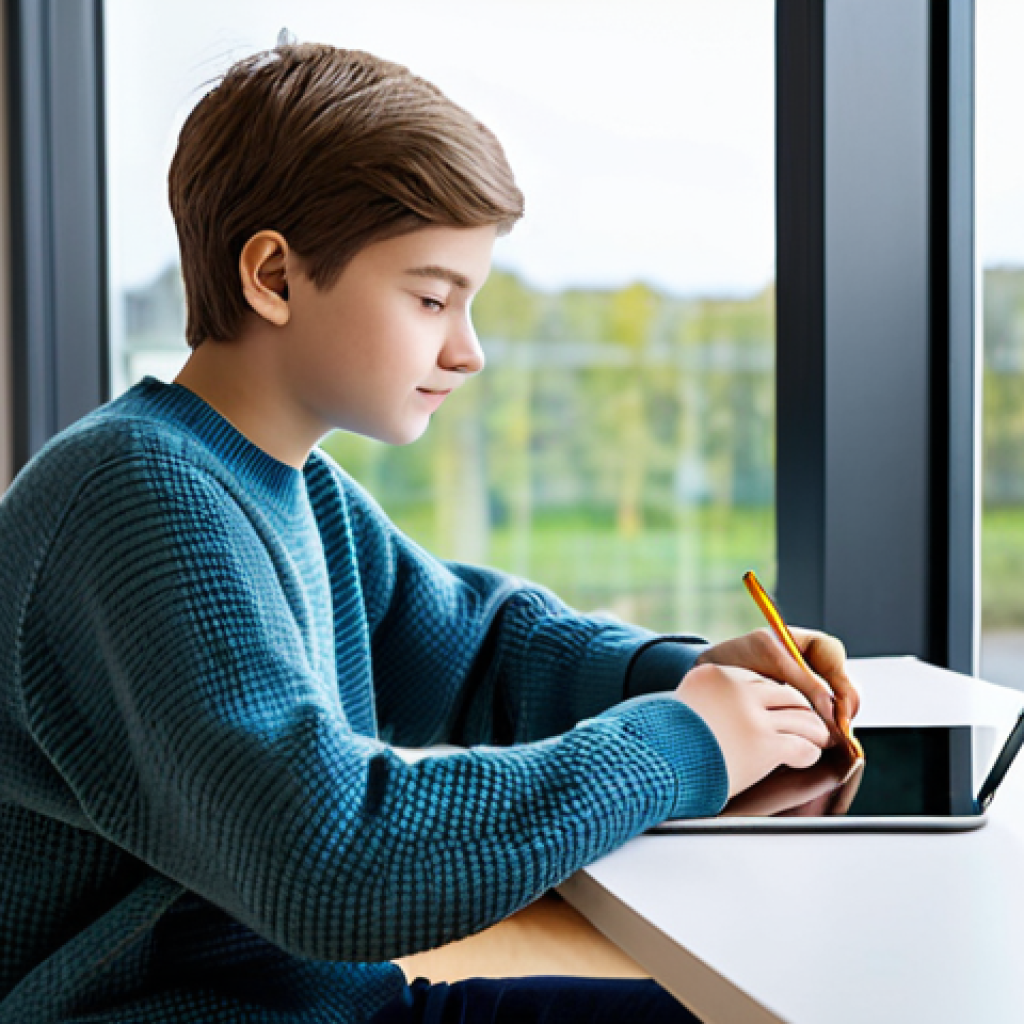 A modest young person (teenager) in a comfortable, professional sweater, sitting calmly at a modern desk in a brightly lit, contemporary study room. They are engaged with a tablet, which displays a friendly AI chatbot interface designed for emotional support. The atmosphere is peaceful and private, suggesting a safe space for open communication. The subject's expression is thoughtful and focused. Perfect anatomy, correct proportions, natural pose, well-formed hands, proper finger count. Fully clothed, appropriate attire, safe for work, appropriate content, family-friendly, professional photography, high quality.