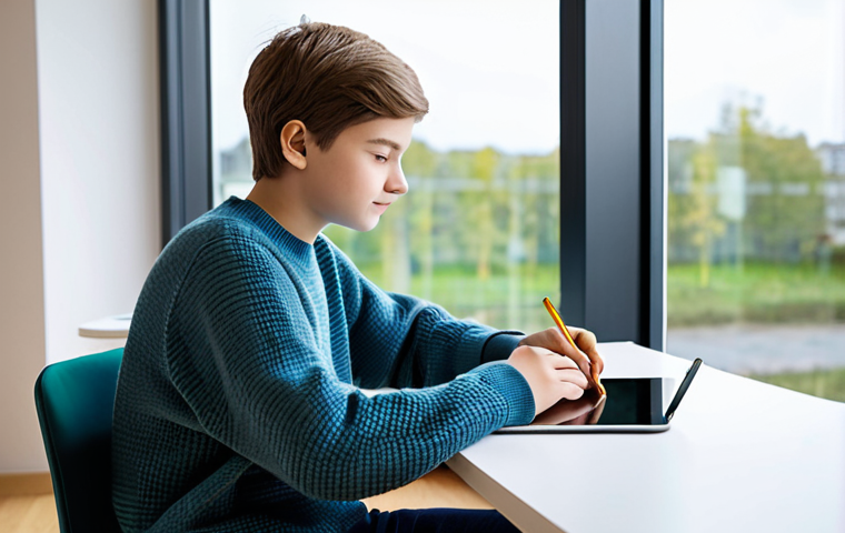 A modest young person (teenager) in a comfortable, professional sweater, sitting calmly at a modern desk in a brightly lit, contemporary study room. They are engaged with a tablet, which displays a friendly AI chatbot interface designed for emotional support. The atmosphere is peaceful and private, suggesting a safe space for open communication. The subject's expression is thoughtful and focused. Perfect anatomy, correct proportions, natural pose, well-formed hands, proper finger count. Fully clothed, appropriate attire, safe for work, appropriate content, family-friendly, professional photography, high quality.