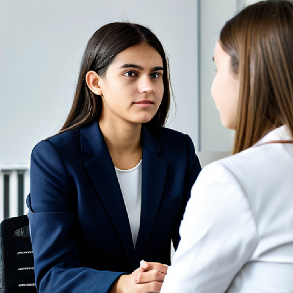 **

"A professional female youth counselor in a modest blazer and slacks, sitting in a brightly lit office, listening attentively to a teenage girl sitting across from her, fully clothed, appropriate attire, safe for work, perfect anatomy, natural proportions, professional photography, family-friendly environment, promoting empathy and understanding, well-formed hands, proper finger count."

**