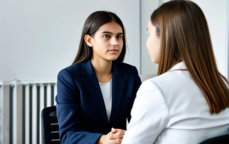 **
"A professional female youth counselor in a modest blazer and slacks, sitting in a brightly lit office, listening attentively to a teenage girl sitting across from her, fully clothed, appropriate attire, safe for work, perfect anatomy, natural proportions, professional photography, family-friendly environment, promoting empathy and understanding, well-formed hands, proper finger count."
**