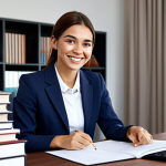 **

"A woman in a professional, modest blazer and slacks, smiling warmly in a modern office setting. She is sitting at a desk with books and papers, looking directly at the viewer. Safe for work, appropriate content, fully clothed, professional, perfect anatomy, correct proportions, well-formed hands, proper finger count, natural body proportions, high quality."

**