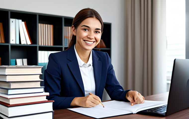 **

"A woman in a professional, modest blazer and slacks, smiling warmly in a modern office setting. She is sitting at a desk with books and papers, looking directly at the viewer. Safe for work, appropriate content, fully clothed, professional, perfect anatomy, correct proportions, well-formed hands, proper finger count, natural body proportions, high quality."

**