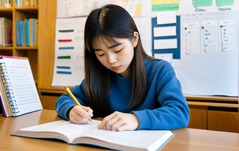 청소년상담사 시험에서 고득점 전략 - **Image Prompt for "Early Stage (Building Foundation)"**:
    A young, focused Korean student, possi...