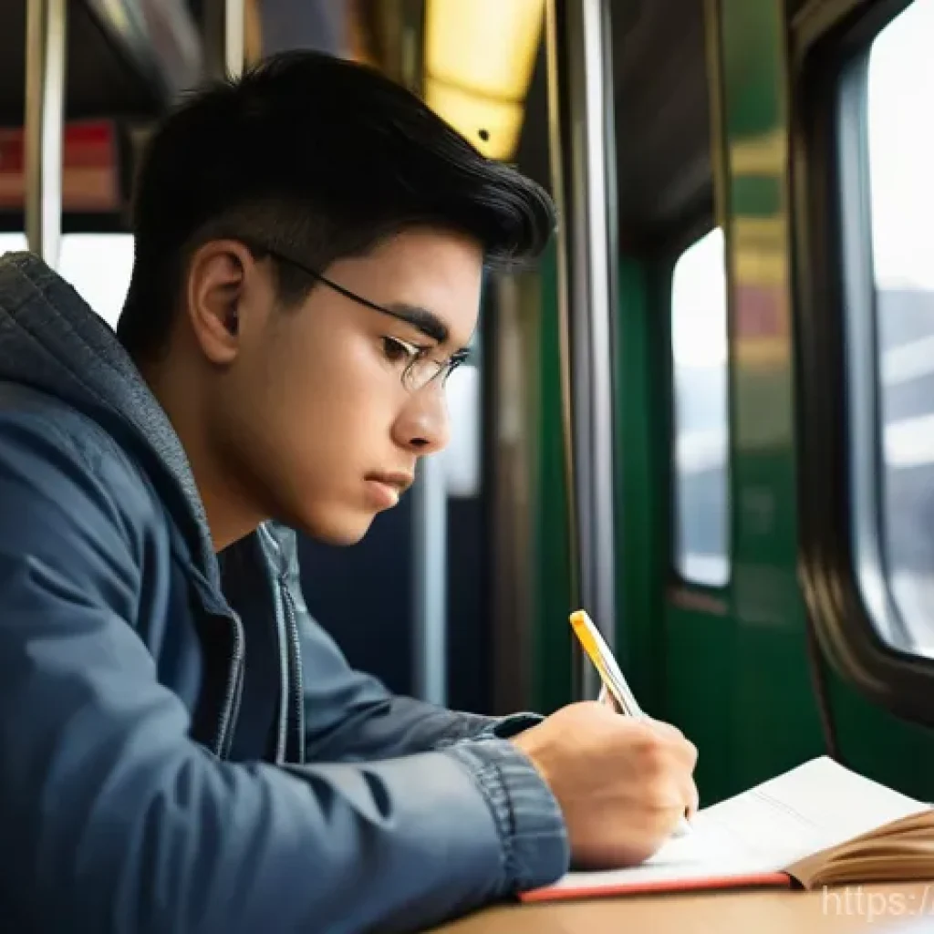 청소년상담사 자격증 시험장 팁 - A young adult, dressed in casual yet neat attire, sits on a subway or bus during the early morning. ...