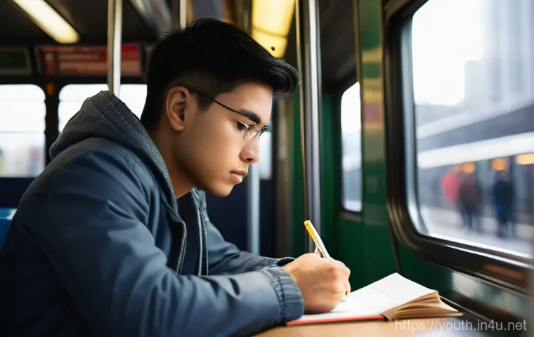청소년상담사 자격증 시험장 팁 - A young adult, dressed in casual yet neat attire, sits on a subway or bus during the early morning. ...