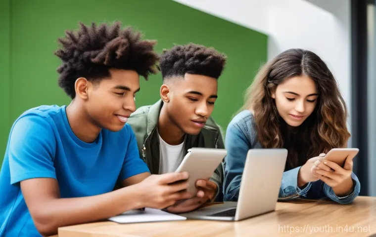 청소년상담사로서 직업적 강점 키우기 - A diverse group of modern teenagers, approximately 15-18 years old, are depicted in a vibrant, conte...