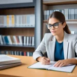 청소년상담사로서 직업 정체성을 확립하는 방법 - A focused female youth counselor in her late 30s, with a warm and intelligent expression, sits at a ...