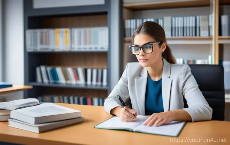 청소년상담사로서 직업 정체성을 확립하는 방법 - A focused female youth counselor in her late 30s, with a warm and intelligent expression, sits at a ...