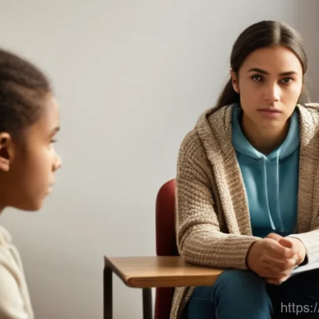 청소년상담사 실습에서의 윤리적 딜레마 - **A thoughtful female youth counselor in her late 30s sits across a table from a teenage girl in a m...