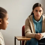 청소년상담사 실습에서의 윤리적 딜레마 - **A thoughtful female youth counselor in her late 30s sits across a table from a teenage girl in a m...