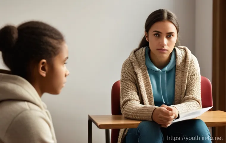 청소년상담사 실습에서의 윤리적 딜레마 - **A thoughtful female youth counselor in her late 30s sits across a table from a teenage girl in a m...