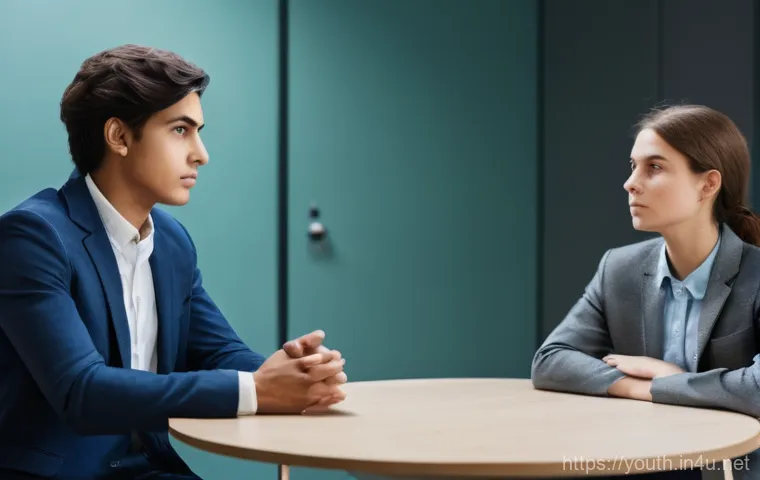 청소년상담사 실습에서의 윤리적 딜레마 - **A thoughtful female youth counselor in her late 30s sits across a table from a teenage girl in a m... 청소년상담사 실습에서의 윤리적 딜레마 - **A thoughtful female youth counselor in her late 30s sits across a table from a teenage girl in a m...